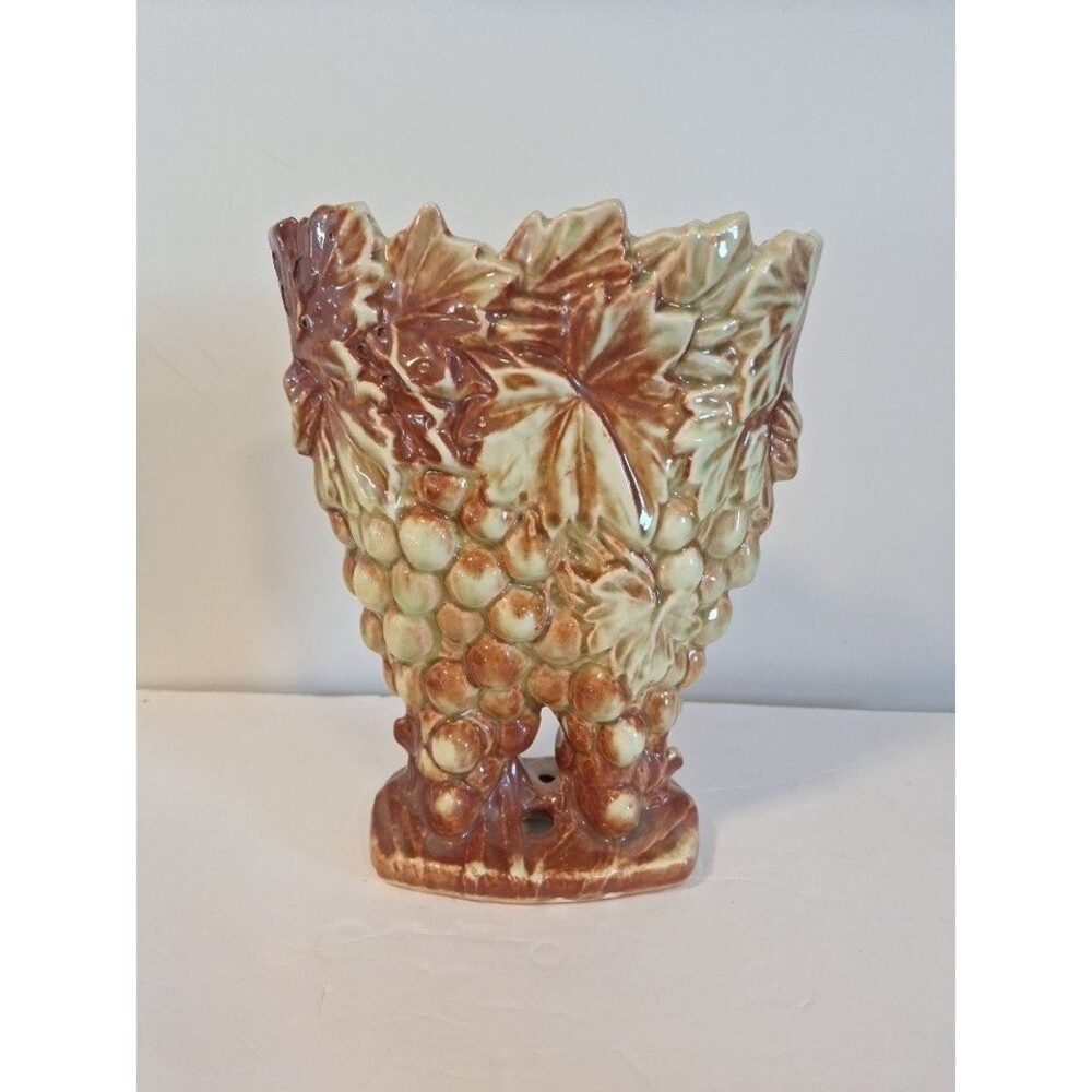 Vintage 1950's McCoy Pottery Grapes & Leaves Double Vase 9-1/4" Tall